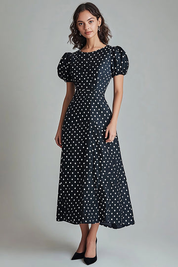Black A Line Midi White Polka Dots Dress with Puff Sleeves